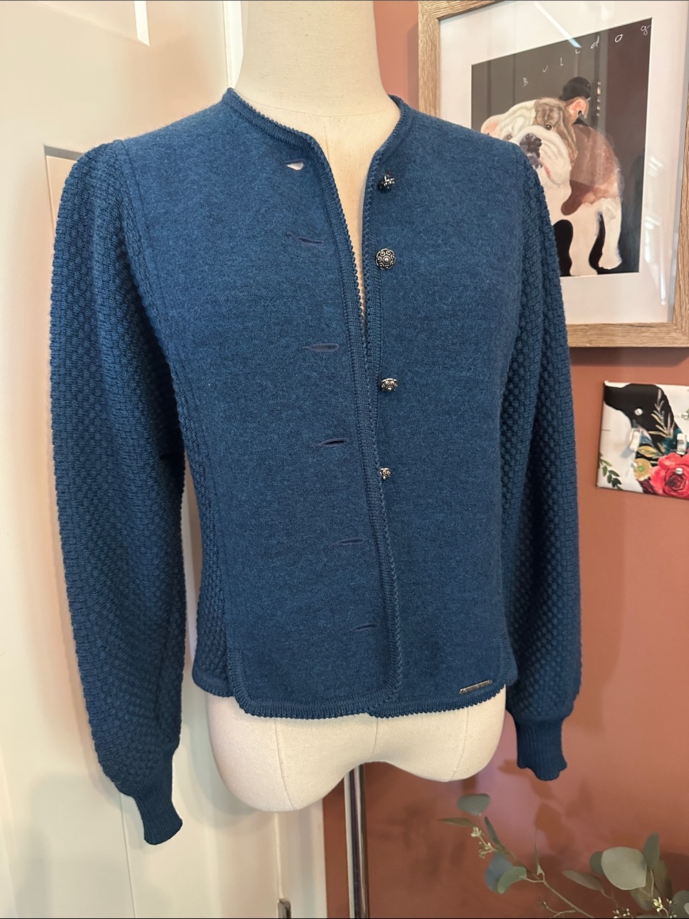 Vintage Geiger teal blue 100% wool silver button textured XS cardigan